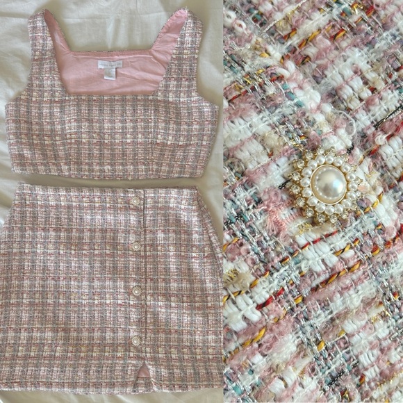 🌸 NWT HOUSE OF HARLOW PINK METALLIC SPARKLE TWEED BOUCLE COORD SKIRT TOP… - Picture 4 of 13